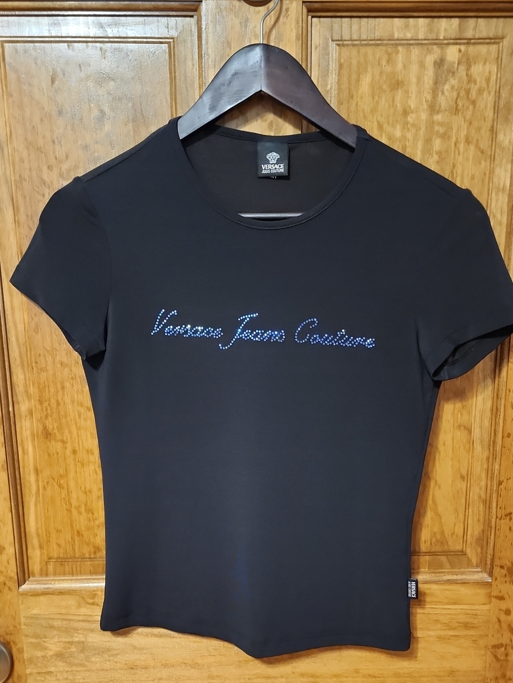 Versace Jeans Collection Black Short-Sleeve Logo Tee with Blue Crystal Script